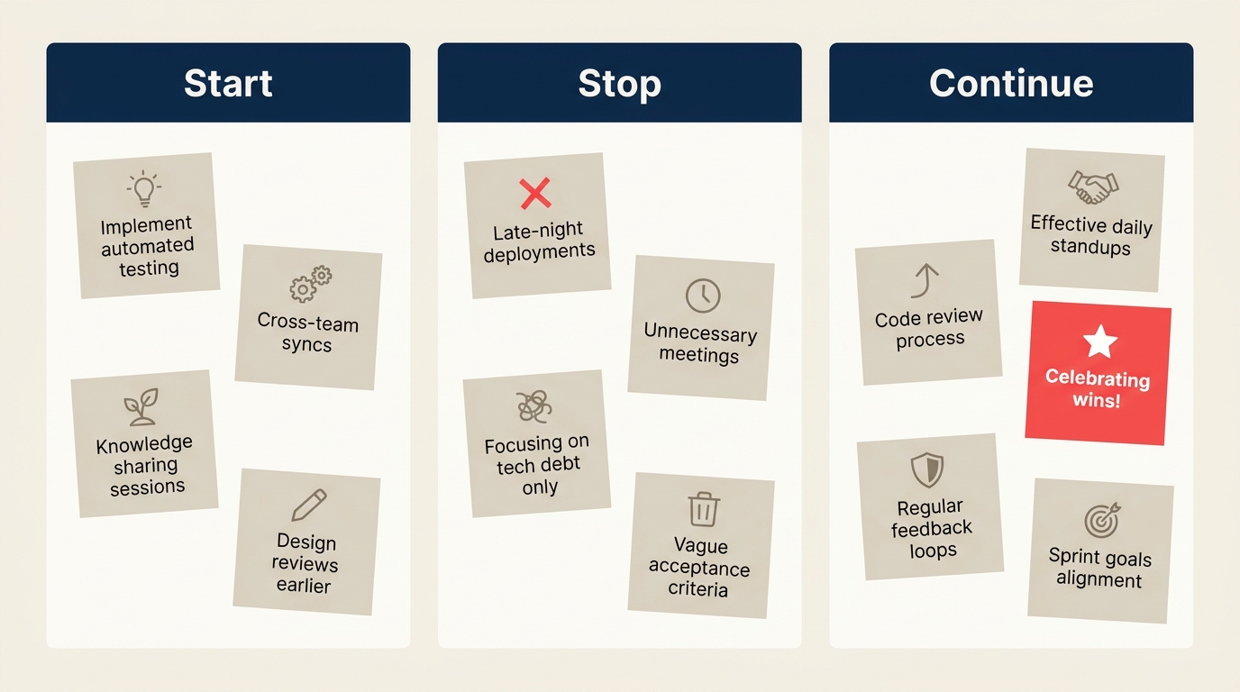 Sprint retrospective board with start, stop, continue columns