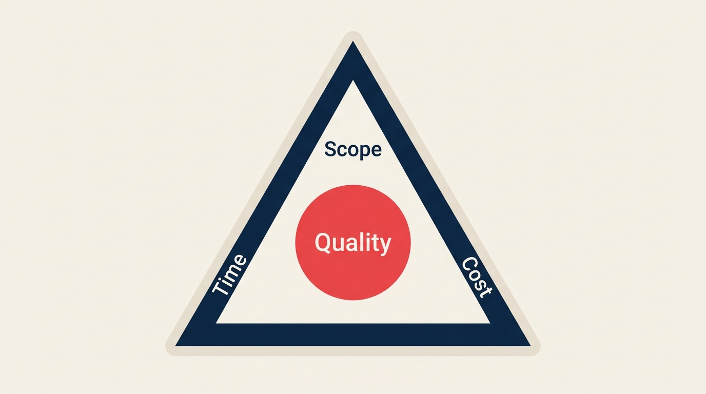 Triple constraint iron triangle with scope time and cost and quality at the center