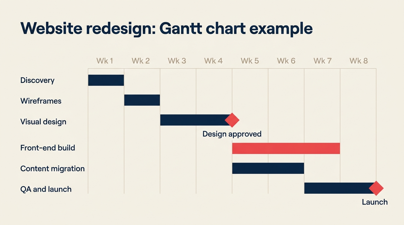 Filled Gantt chart example for a website redesign with task bars, owners, and milestones