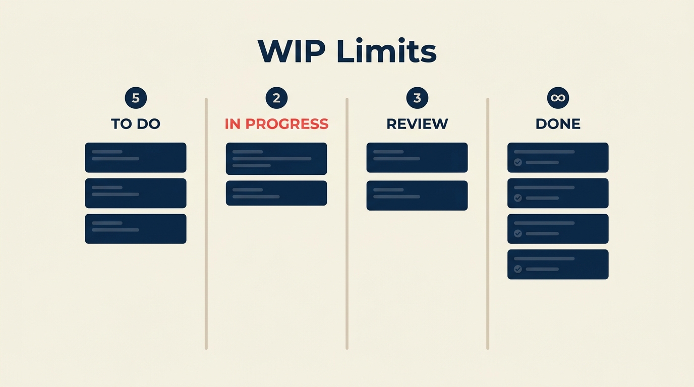 Kanban board columns with work in progress limit numbers above each column