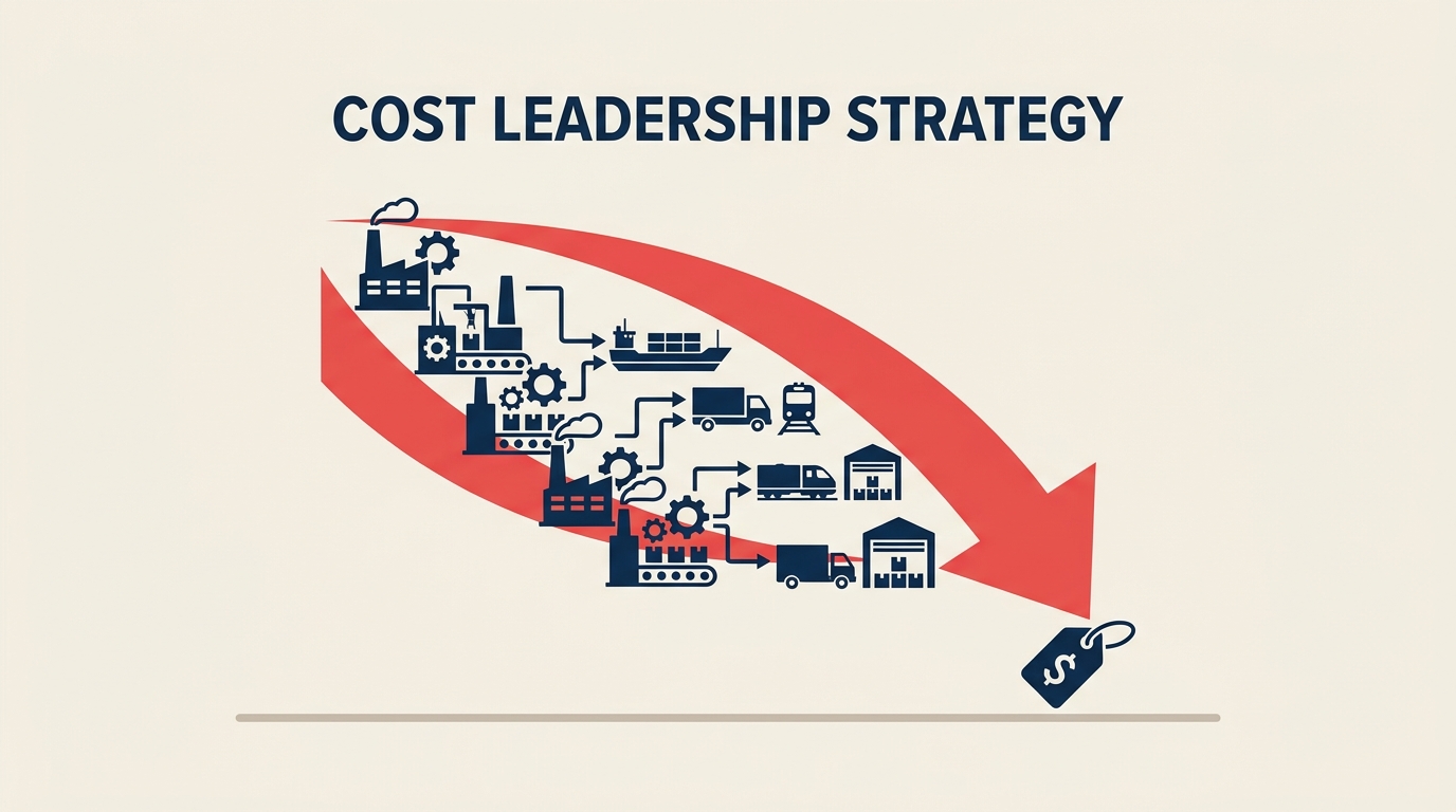 Cost leadership strategy showing a falling cost curve and economies of scale