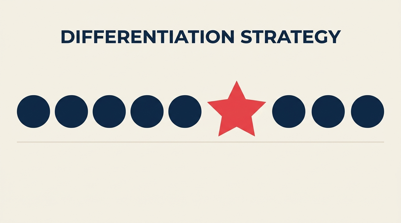 Differentiation strategy showing one unique offering standing out from identical competitors