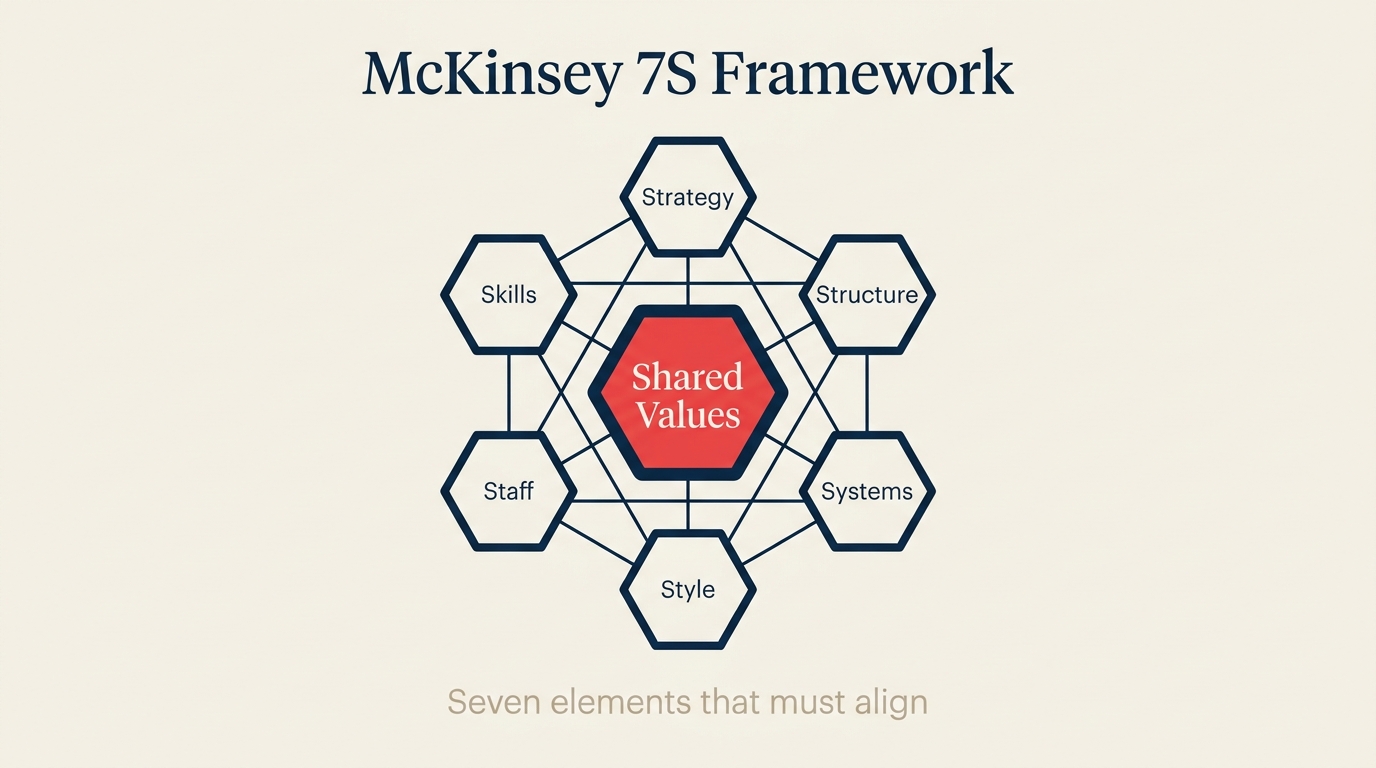 McKinsey 7S framework diagram with shared values at the center connecting to six other elements