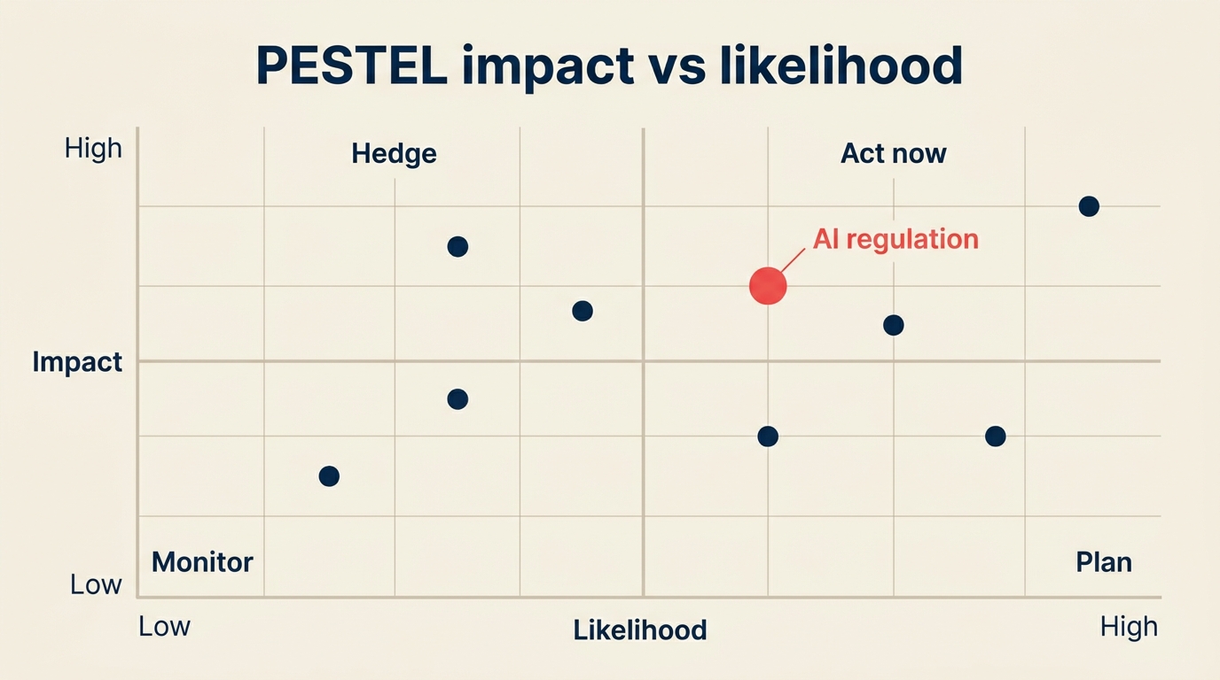 PESTEL impact vs likelihood scoring grid with sample factors plotted