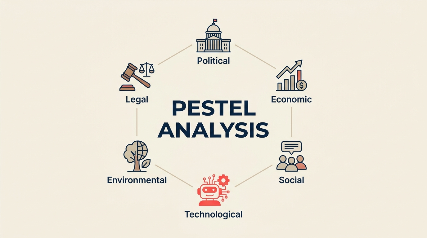PESTEL analysis framework wheel showing political, economic, social, technological, environmental, and legal factors