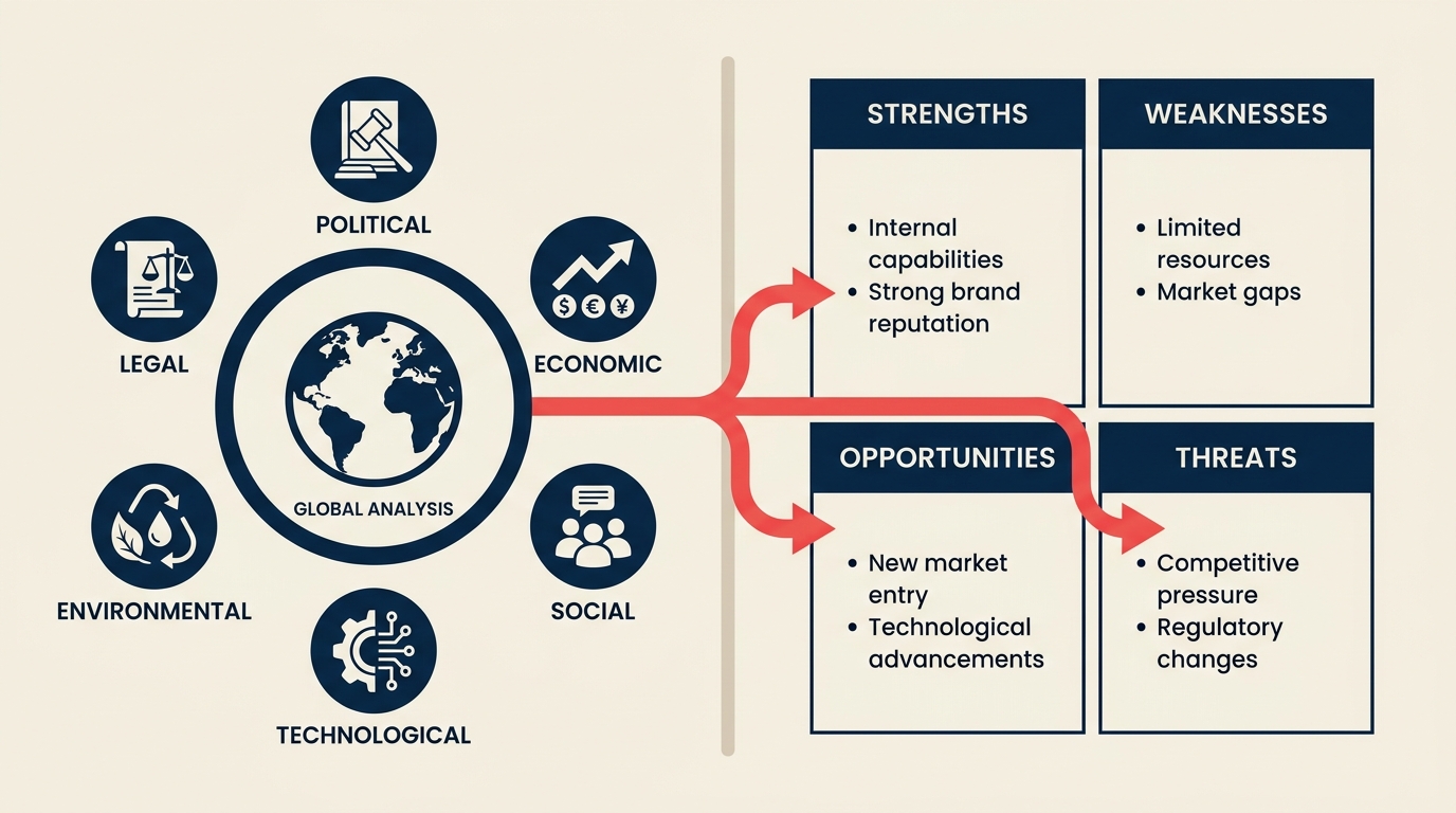 PESTEL vs SWOT comparison showing macro-environment factors feeding a SWOT grid