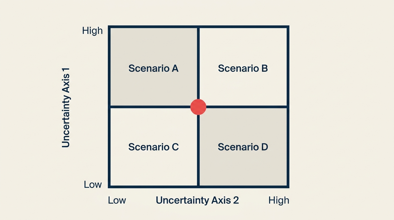 Two by two scenario planning matrix with four future scenarios