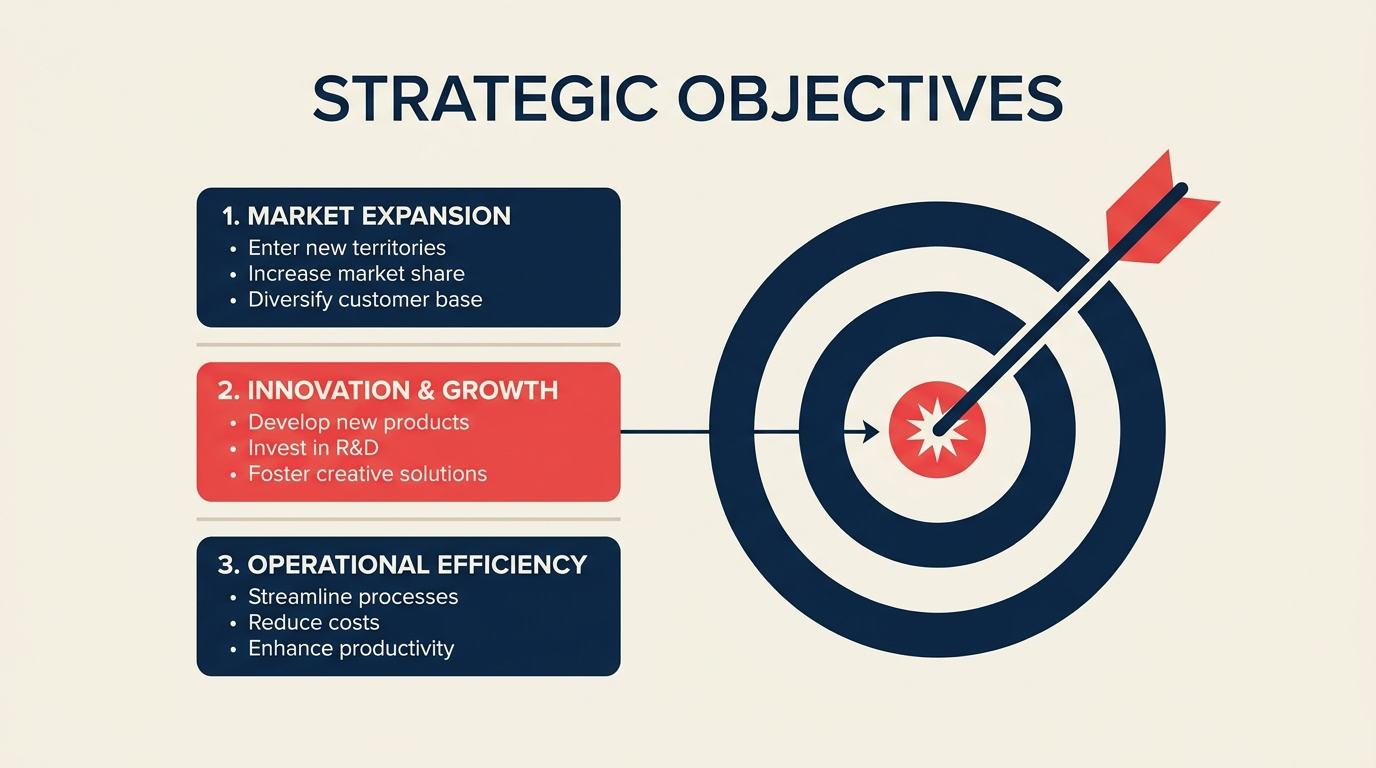 Strategic objectives framework showing target, objective cards, and balanced scorecard perspectives