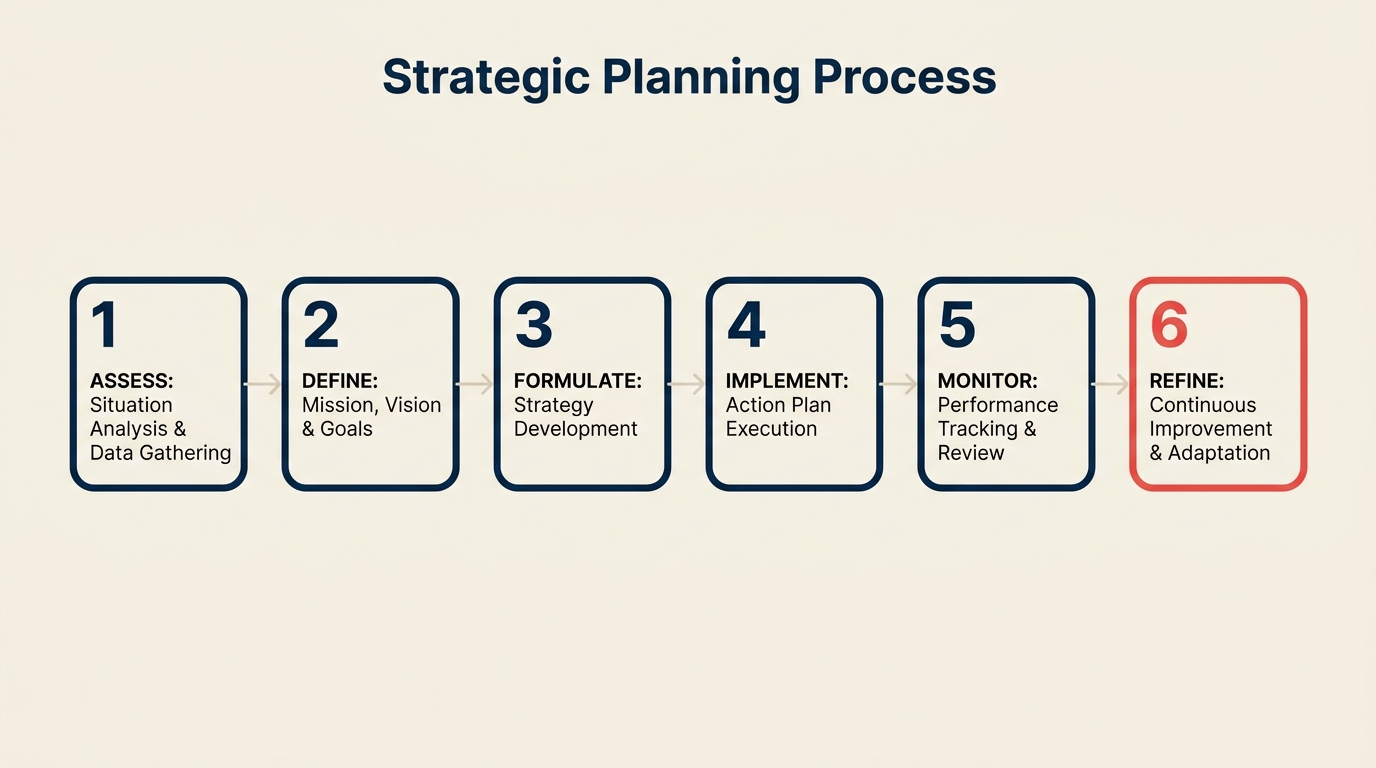 Six-step strategic planning process flow diagram with numbered stages from mission to review