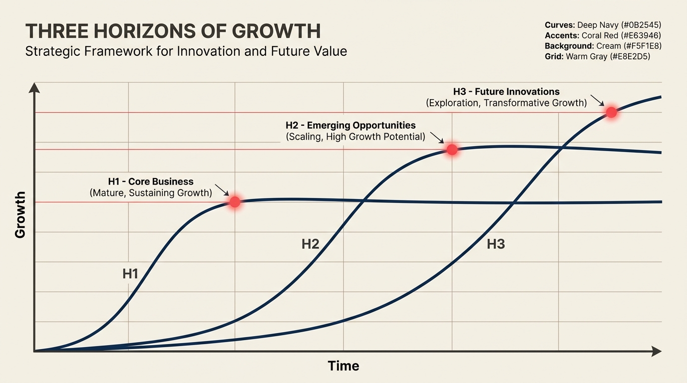 Three horizons of growth curve showing horizon one two and three over time