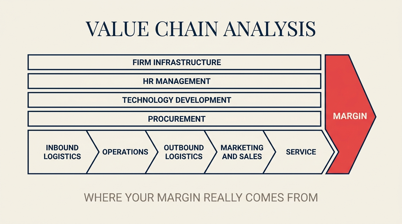Value chain analysis showing primary activities and support activities flowing toward margin