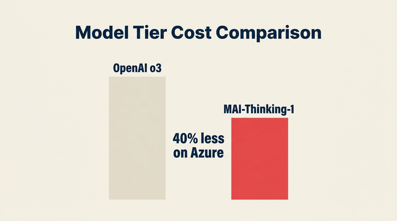 Model tier cost comparison showing MAI-Thinking-1 priced 40% below OpenAI o3 on Azure