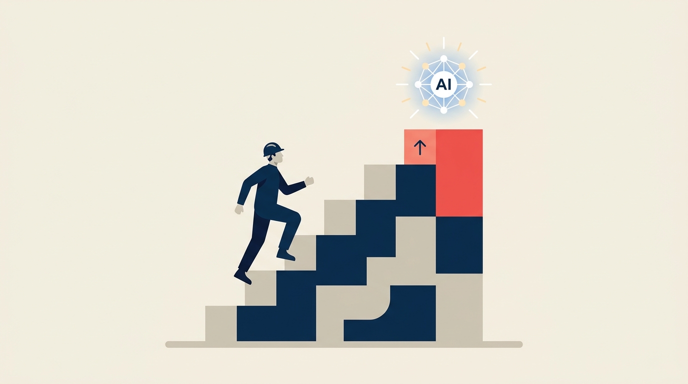 Worker climbing a staircase of skills toward an AI node representing building AI talent through apprenticeship