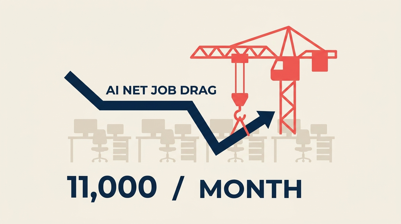 AI net job drag chart showing 11,000 jobs a month with data-center construction masking white-collar losses