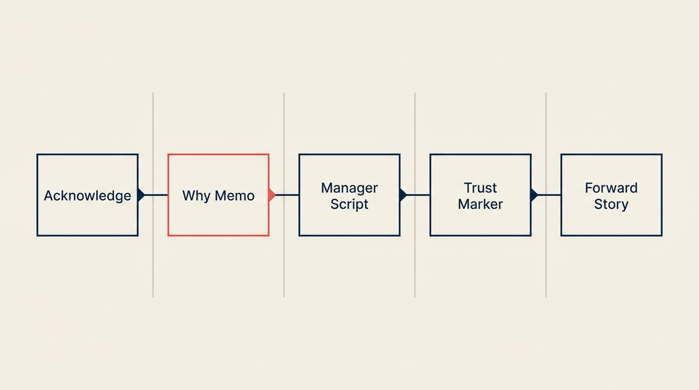 Five-beat survivor communication timeline showing acknowledgment, why memo, manager script, trust marker, forward story
