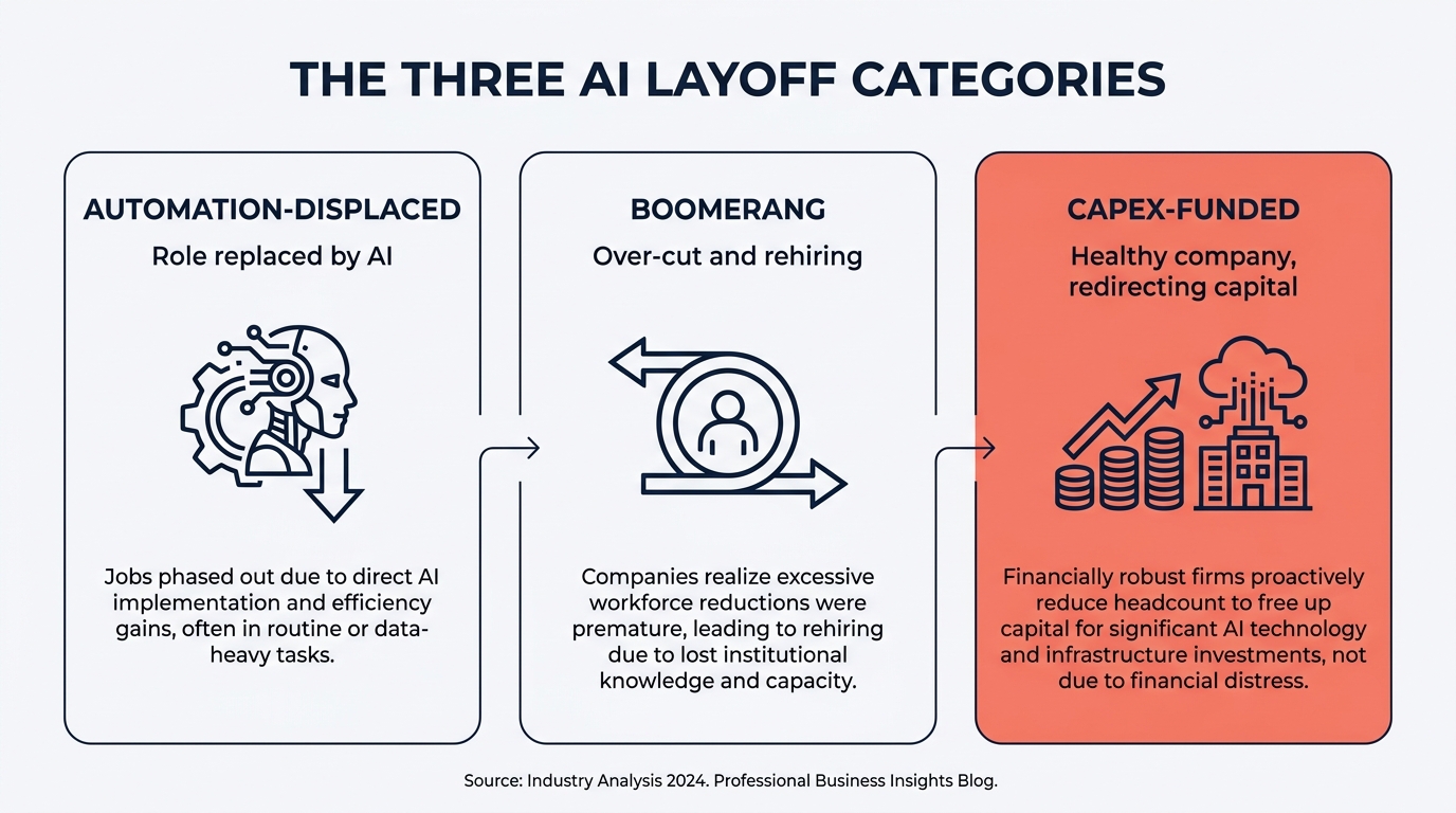 Three AI layoff categories: automation-displaced, boomerang, and capex-funded restructuring