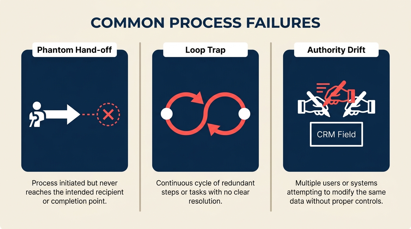 Three multi-agent failure modes: phantom hand-off, loop trap, authority drift