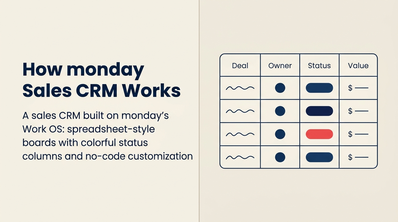 monday Sales CRM, spreadsheet-style board with colorful status columns and no-code customization on Work OS