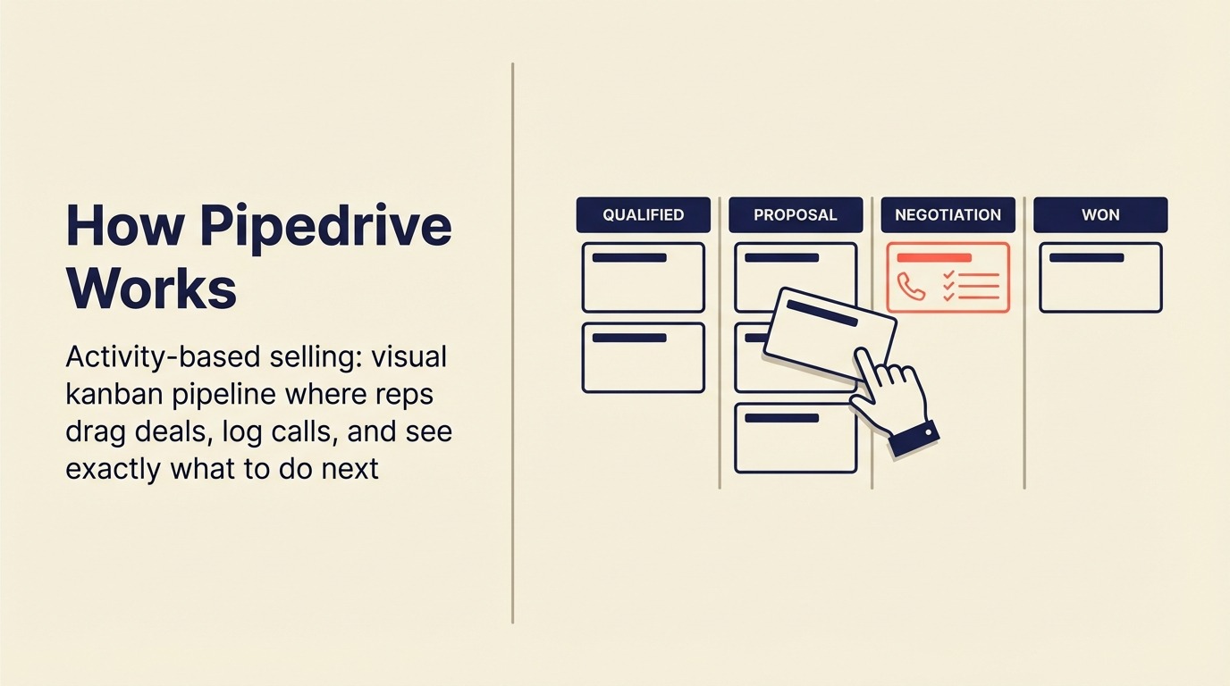 Pipedrive visual kanban pipeline with deal cards moving through qualified, proposal, negotiation, and won stages