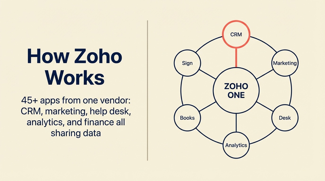 Zoho One ecosystem, 45+ apps including CRM, Marketing, Desk, Analytics, Books, and Sign sharing data